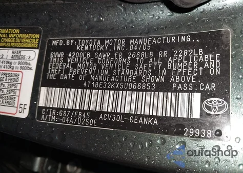 2005 Toyota Camry Le из США, поврежденный, VIN 4T1BE32KX5U066853